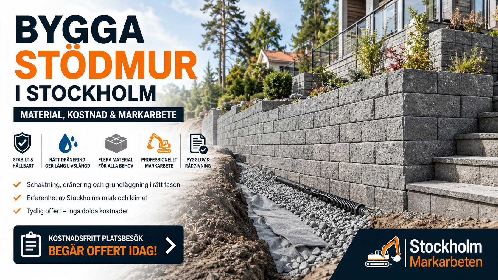 Bygga stödmur i Stockholm med betongblock, dränering och professionellt markarbete på sluttande tomt.